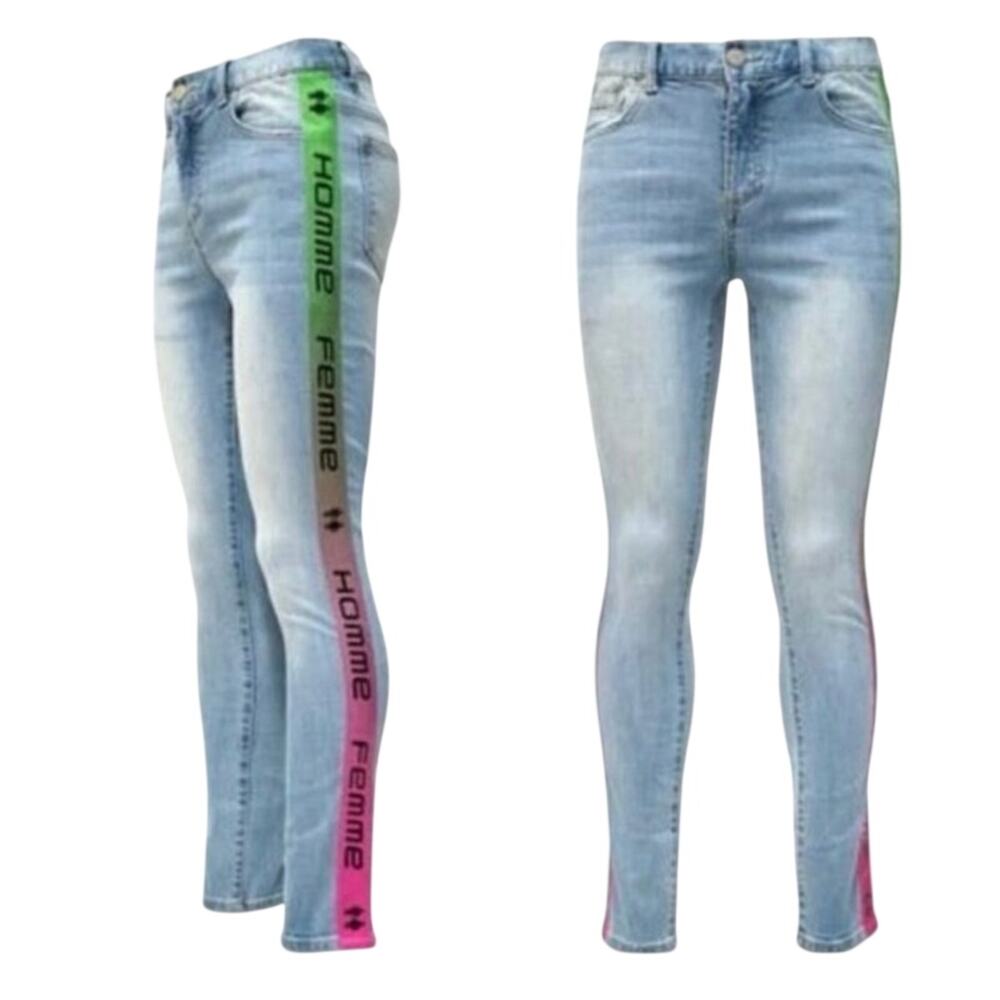 HOMME + FEMME Tesla Denim Green with Pink Gradient Skinny Jeans, Unisex 38 New